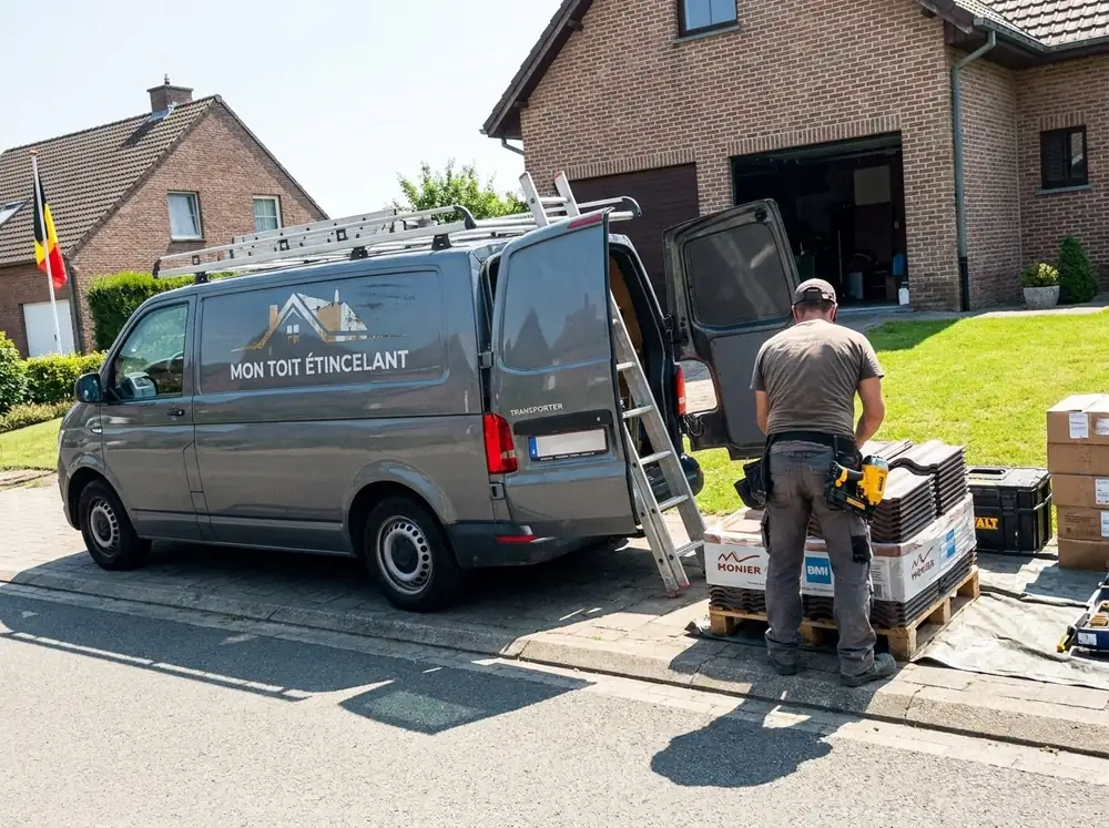 Camionnette grise Mon Toit Étincelant garée devant une maison, couvreur qui décharge le matériel