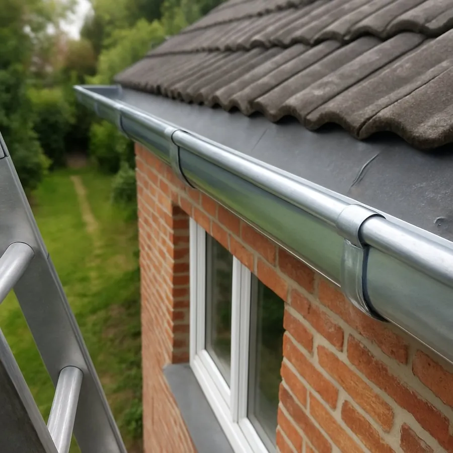 Gouttière pendante en zinc propre et brillante le long d'une façade en brique